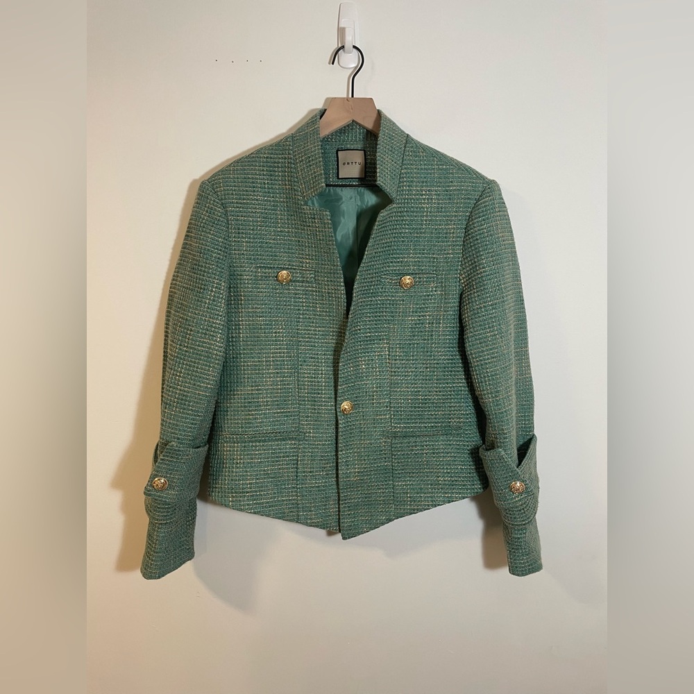 ORTTU Star Neck Jacket Green Tweed Gold Accents Size Medium Military Glamor $290 - Picture 3 of 13